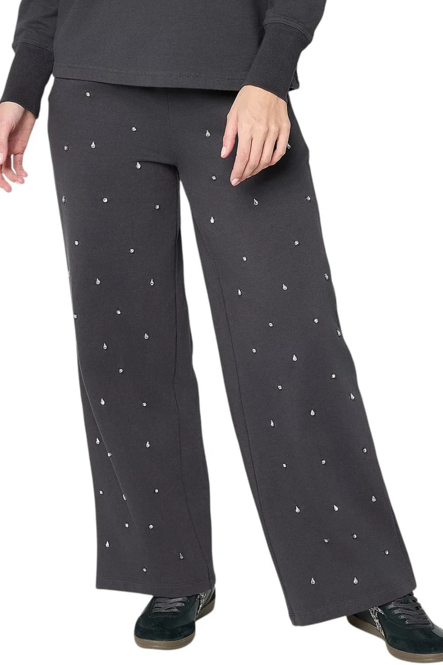 Mally Roncal Women's French Terry Jeweled Wide Leg Pants Washed Black - Regular